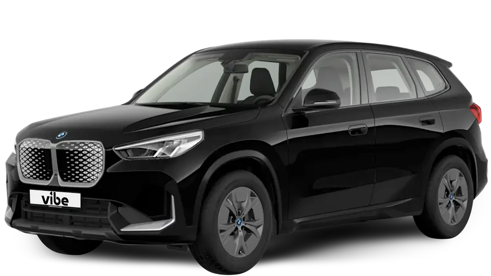 Schwarzer BMW iX mit vibe Kennzeichen, freigestellt vor transparentem Hintergrund.