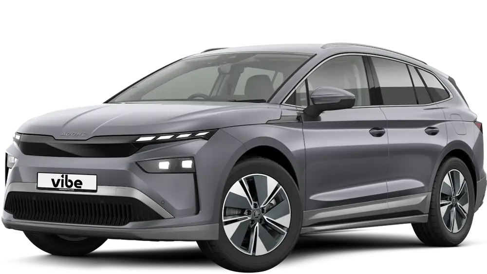 Skoda Enyaq iV 85 in Graphitgrau mit vibe Kennzeichen, freigestellt vor transparentem Hintergrund.