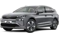 Skoda Enyaq iV 85 in Graphitgrau mit vibe Kennzeichen, freigestellt vor transparentem Hintergrund.
