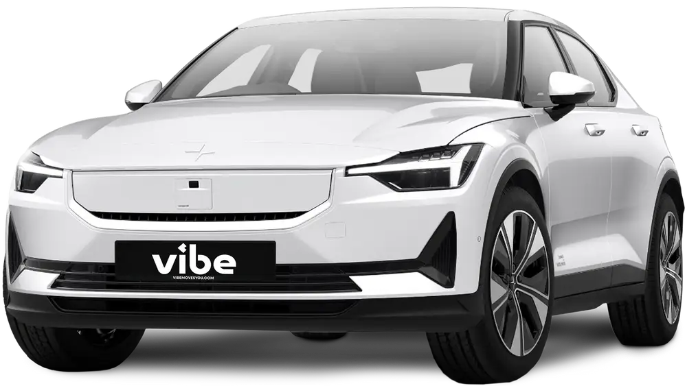 Polestar 2 E-Auto in Snow mit vibe Kennzeichen, freigestellt vor transparentem Hintergrund.