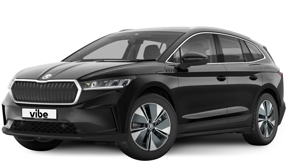 Skoda Enyaq iV 85 in Black Magic Perleffekt mit vibe Kennzeichen, freigestellt vor transparentem Hintergrund.