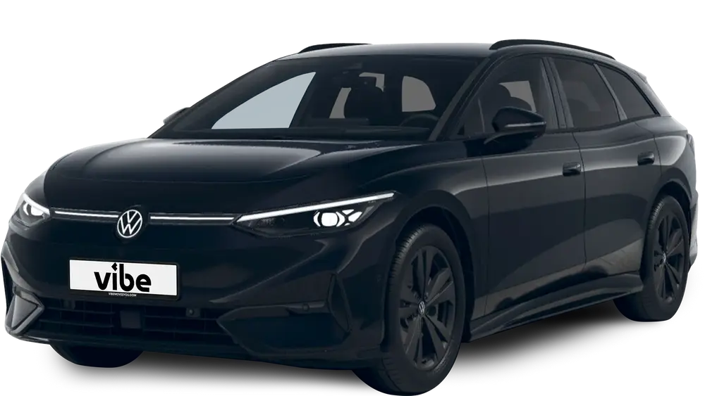 Schwarzer VW ID7 mit vibe Kennzeichen, freigestellt vor transparentem Hintergrund.