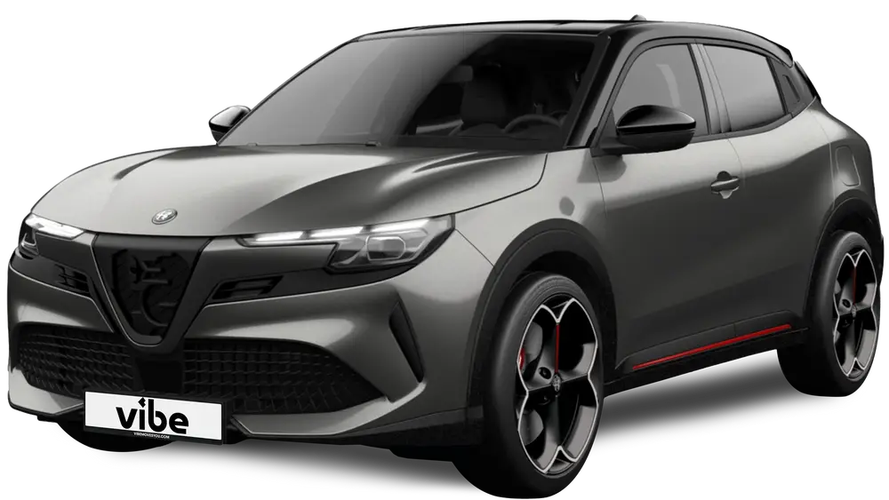 Graues Alfa Romeo Junior E-Auto mit schwarzem Dach und vibe Kennzeichen, freigestellt vor transparentem Hintergrund.