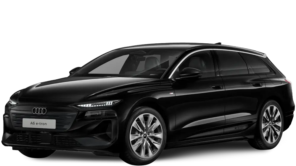 Audi A6 e-tron E-Auto in Mythosschwarz Metallic, freigestellt vor transparentem Hintergrund.