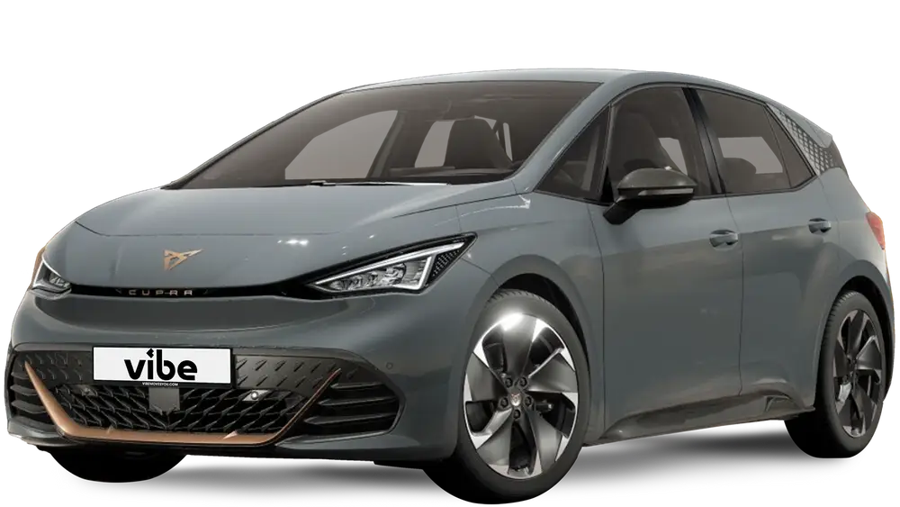 Cupra Born E-Auto in Vapor Grey Mondstein mit vibe Kennzeichen, freigestellt vor transparentem Hintergrund.