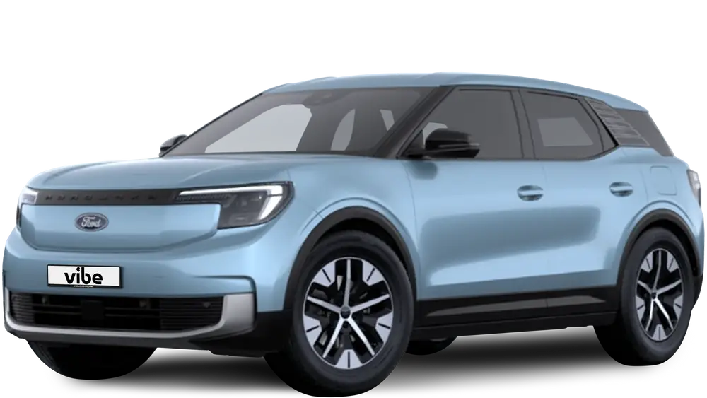 Ford Explorer E-Auto in Arctic-Blue Metallic mit vibe Kennzeichen, freigestellt vor transparentem Hintergrund.