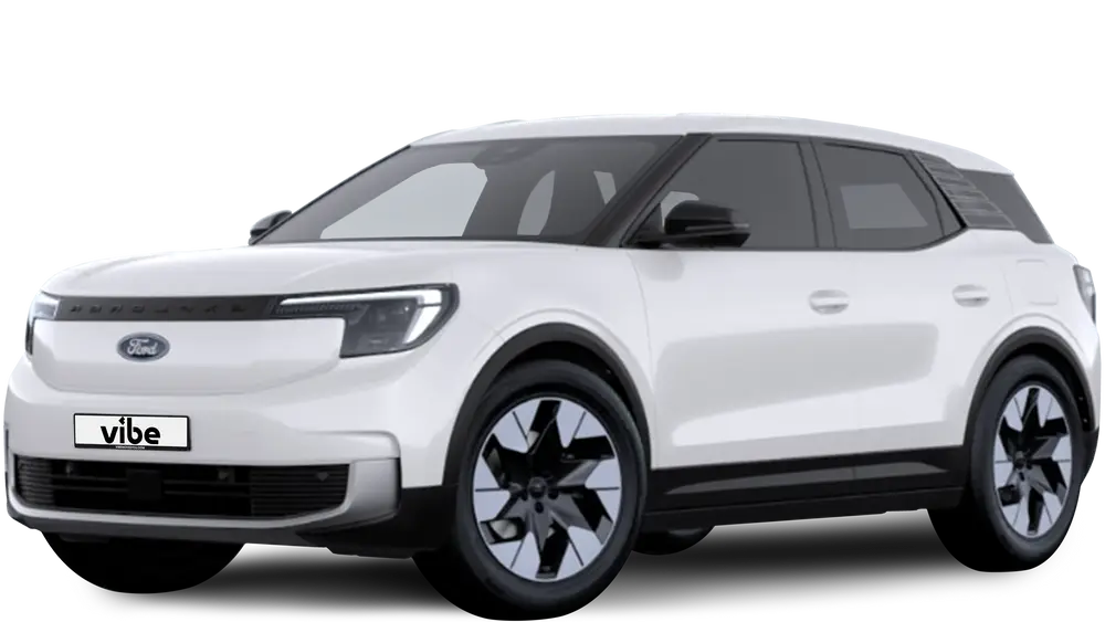 Ford Explorer E-Auto in Frozen-White mit vibe Kennzeichen, freigestellt vor transparentem Hintergrund.