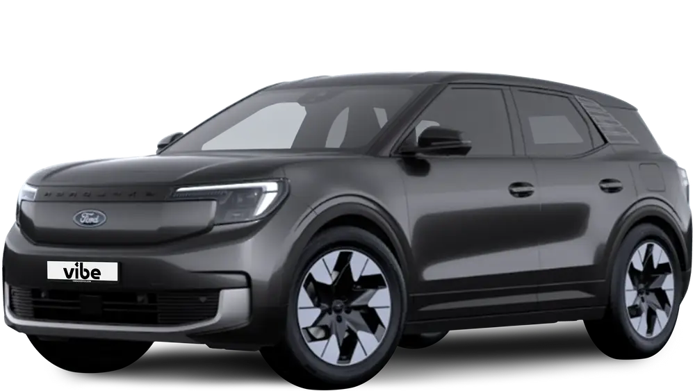 Ford Explorer E-Auto in Magnetic-Grey Metallic mit vibe Kennzeichen, freigestellt vor transparentem Hintergrund.