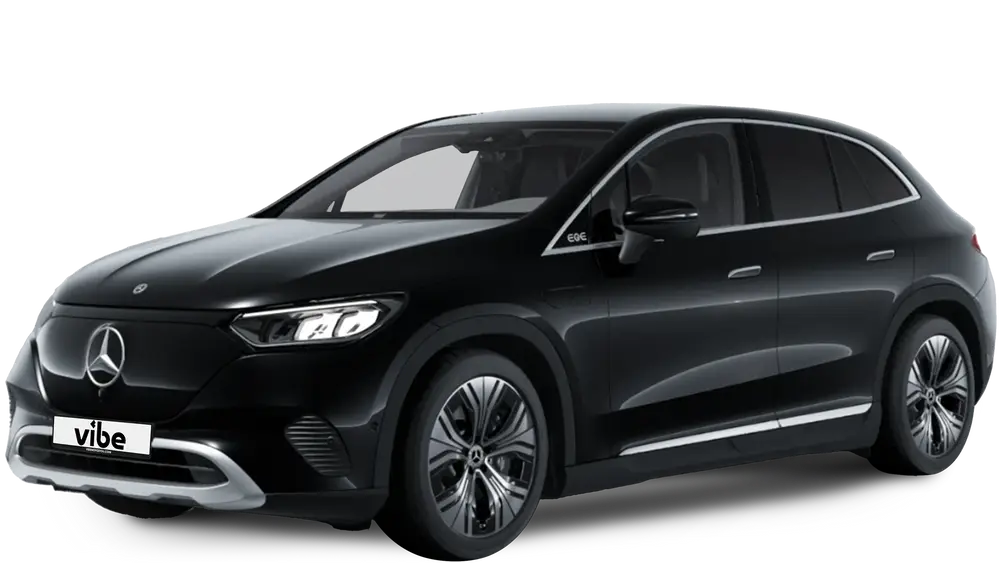 Mercedes-Benz EQE E-Auto in Obsidianschwarz mit vibe Kennzeichen, freigestellt vor transparentem Hintergrund.