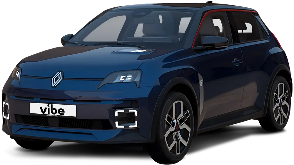 Renault R5 in Nacht Blau mit vibe Kennzeichen, freigestellt vor transparentem Hintergrund.