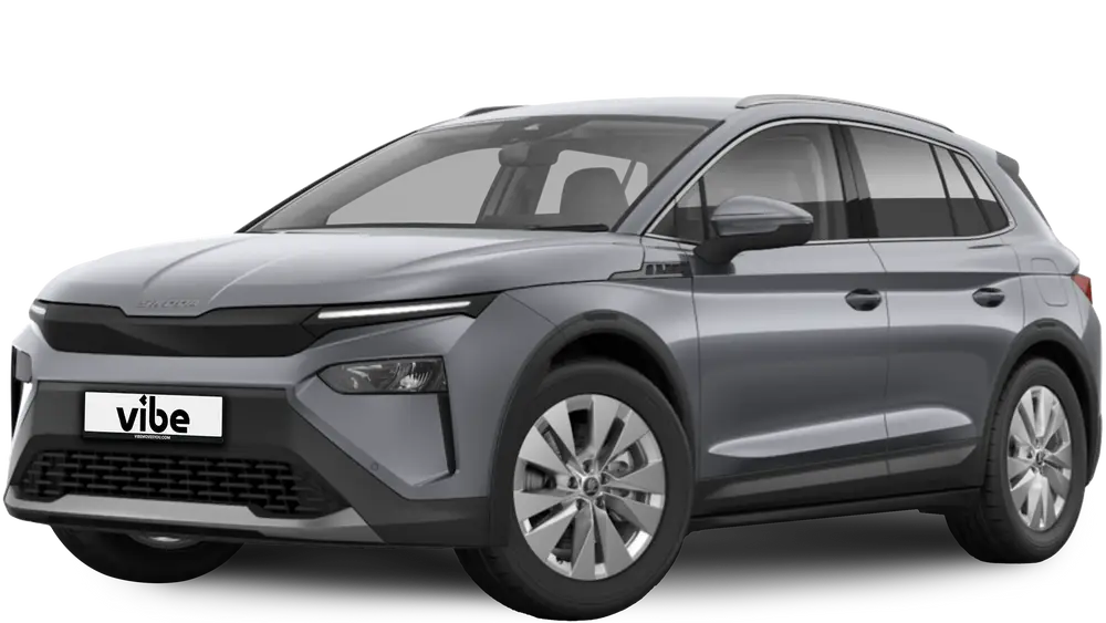 Skoda Erloq 85 E-Auto in Graphit Grau Metallic mit vibe Kennzeichen, freigestellt vor transparentem Hintergrund.