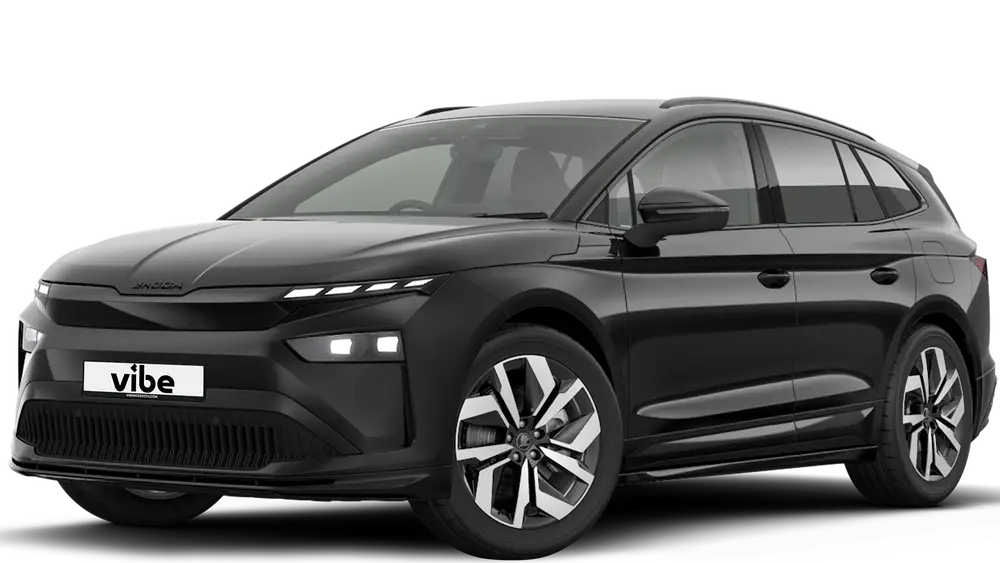 Schwarzer Skoda Enyaq iV 85x Sportline mit vibe Kennzeichen, freigestellt vor transparentem Hintergrund.