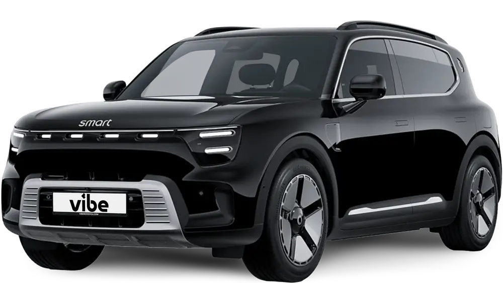 Smart 5 E-Auto in Premium Schwarz mit vibe Kennzeichen, freigestellt vor transparentem Hintergrund.