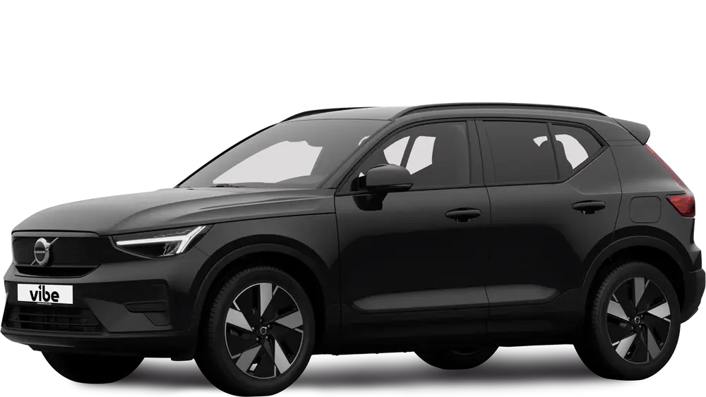 Volvo EX40 E-Auto in Onyx Black mit vibe Kennzeichen, freigestellt vor transparentem Hintergrund.