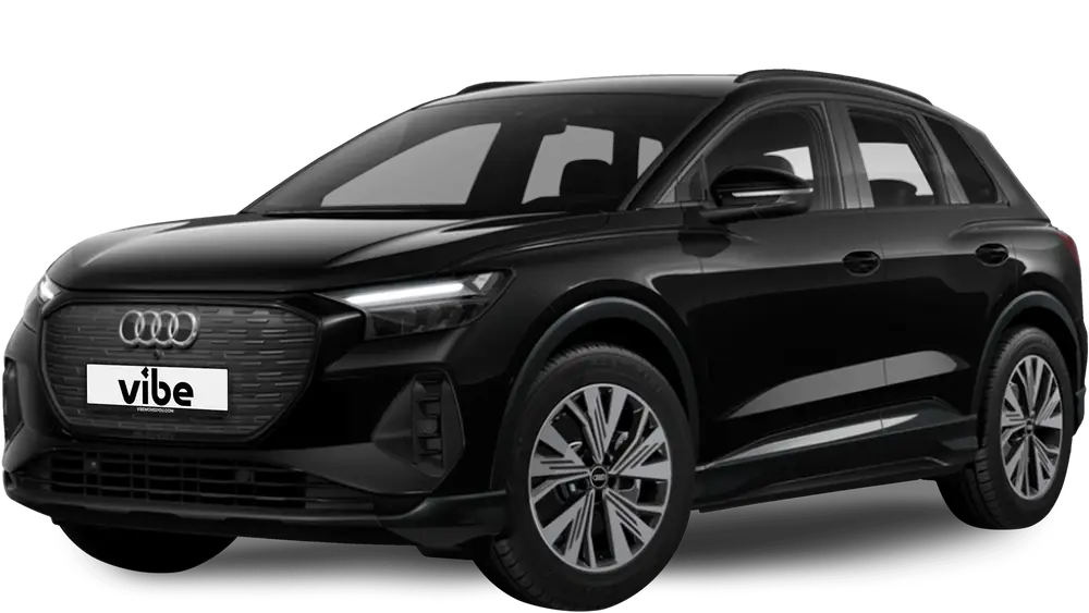 Audi Q4 e-tron E-Auto in Schwarz Metallic, freigestellt vor transparentem Hintergrund.