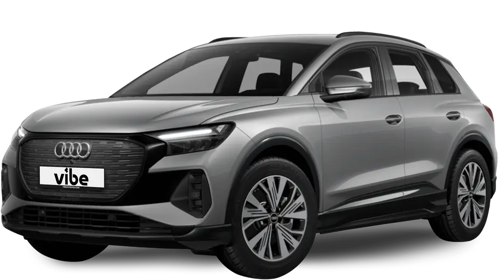 Audi Q4 e-tron E-Auto in Taifungrau Metallic, freigestellt vor transparentem Hintergrund.