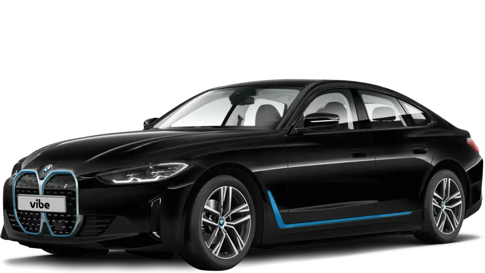 Schwarzer BMW i4 35 mit vibe Kennzeichen vor transparentem Hintergrund.