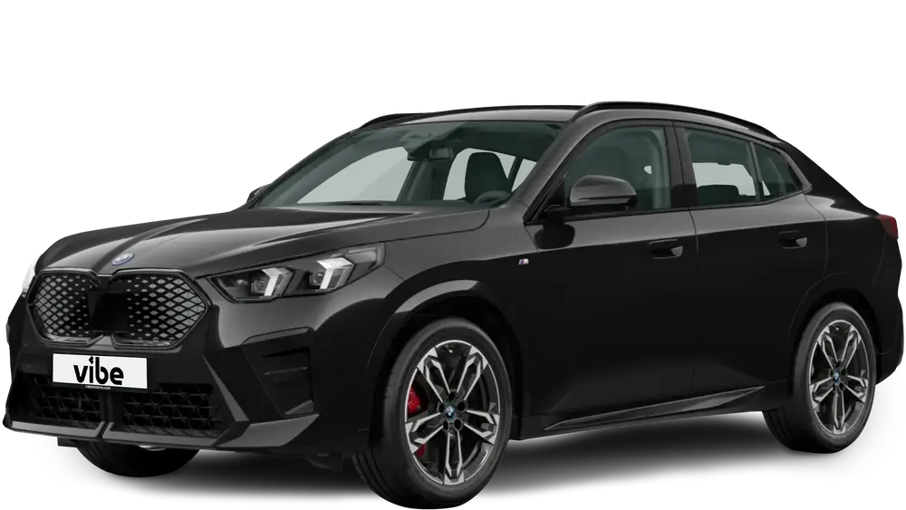 Schwarzer BMW iX2 mit vibe Kennzeichen, freigestellt vor transparentem Hintergrund.