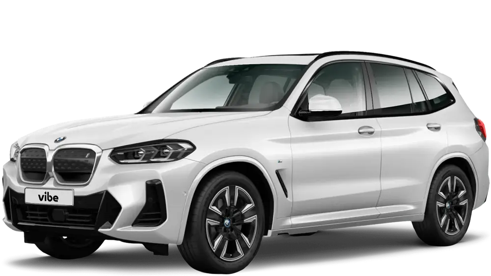 Weißer BMW iX3 mit vibe Kennzeichen, freigestellt vor transparentem Hintergrund.