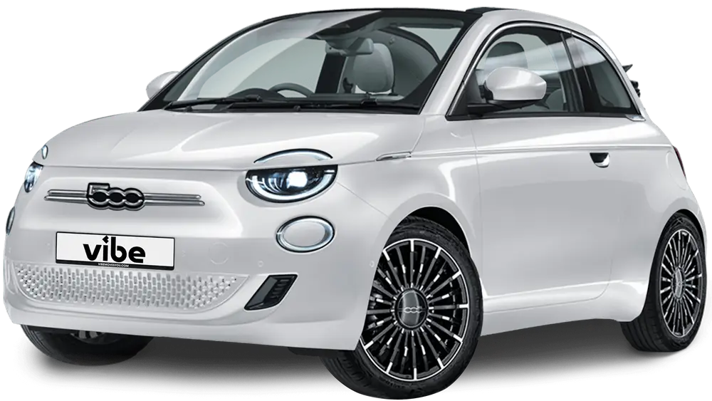Fiat 500e Cabrio E-Auto in Arktisweiss mit vibe Kennzeichen, freigestellt vor transparentem Hintergrund.