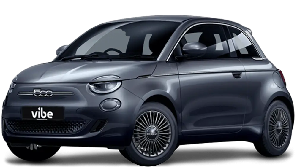 Schwarzer Fiat 500e Coupe mit vibe Kennzeichen, freigestellt vor transparentem Hintergrund.