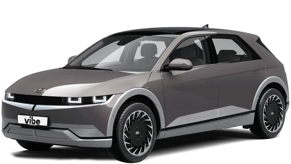 Hyundai IONIQ5 E-Auto in Mystic Olive mit vibe Kennzeichen, freigestellt vor transparentem Hintergrund.
