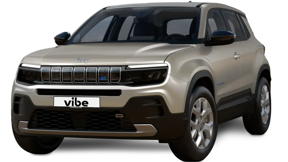 Jeep Avenger E-Auto mit vibe Kennzeichen, freigestellt vor transparentem Hintergrund.