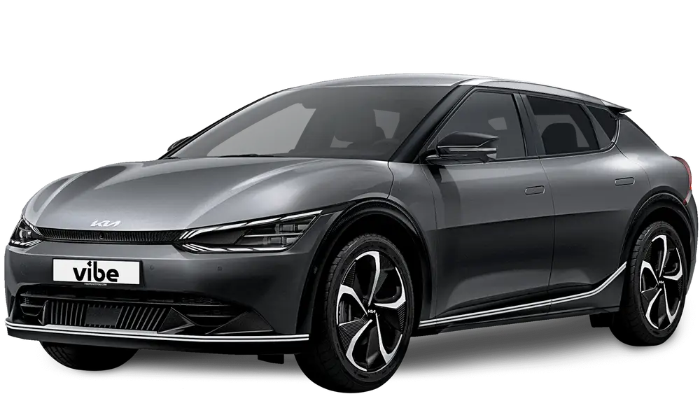 Grauer Kia EV6 mit vibe Kennzeichen, freigestellt vor transparentem Hintergrund.