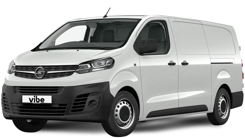Weißer Opel Vivaro-e Cargo mit vibe Kennzeichen, freigestellt vor transparentem Hintergrund.