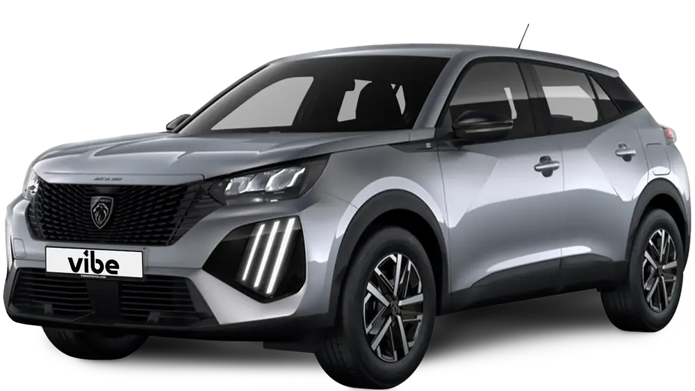 Grauer Peugeot e2008GT mit vibe Kennzeichen, freigestellt vor transparentem Hintergrund.