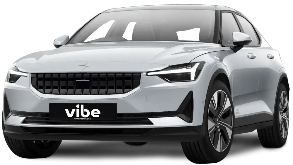 Polestar 2 E-Auto in Magnesium mit vibe Kennzeichen, freigestellt vor transparentem Hintergrund.