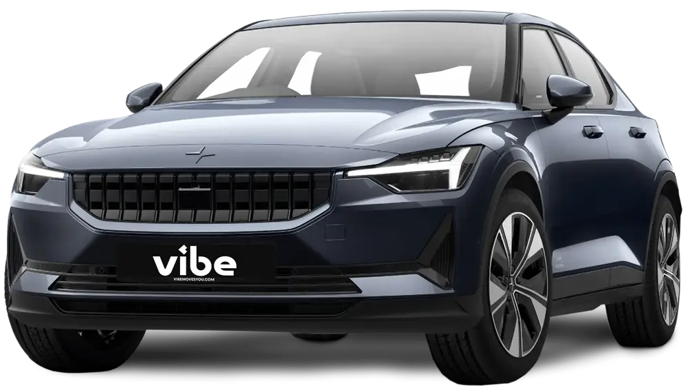 Polestar 2 E-Auto in Midnight mit vibe Kennzeichen, freigestellt vor transparentem Hintergrund.