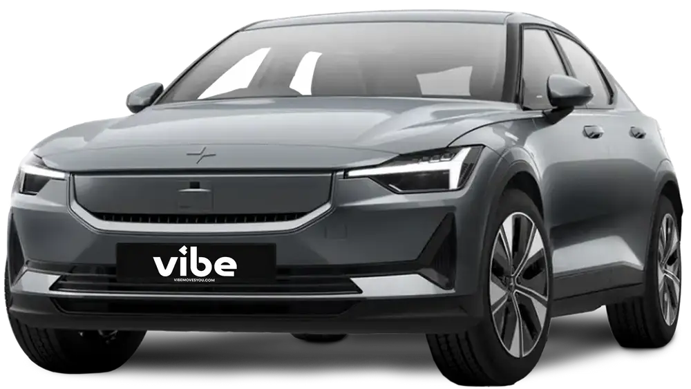 Polestar 2 E-Auto in Storm mit vibe Kennzeichen, freigestellt vor transparentem Hintergrund.