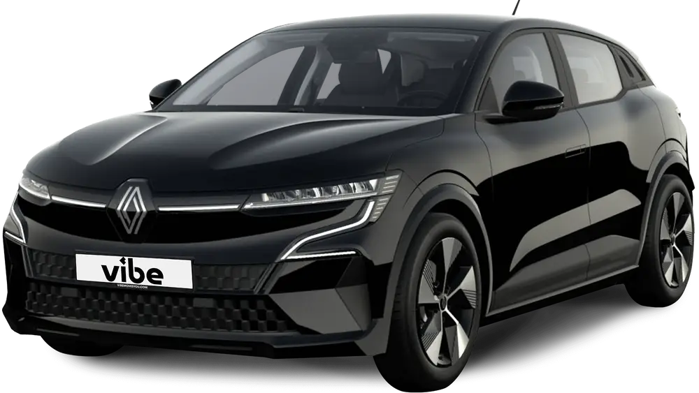 Schwarzer Renault Megane mit vibe Kennzeichen, freigestellt vor transparentem Hintergrund.