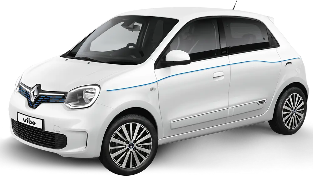 Weißer Renault Twingo mit vibe Kennzeichen, freigestellt vor transparentem Hintergrund.