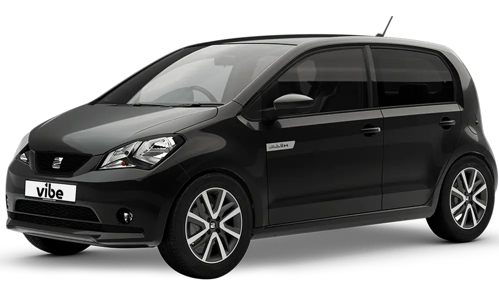 Schwarzer Seat Mii mit vibe Kennzeichen, freigestellt vor transparentem Hintergrund.