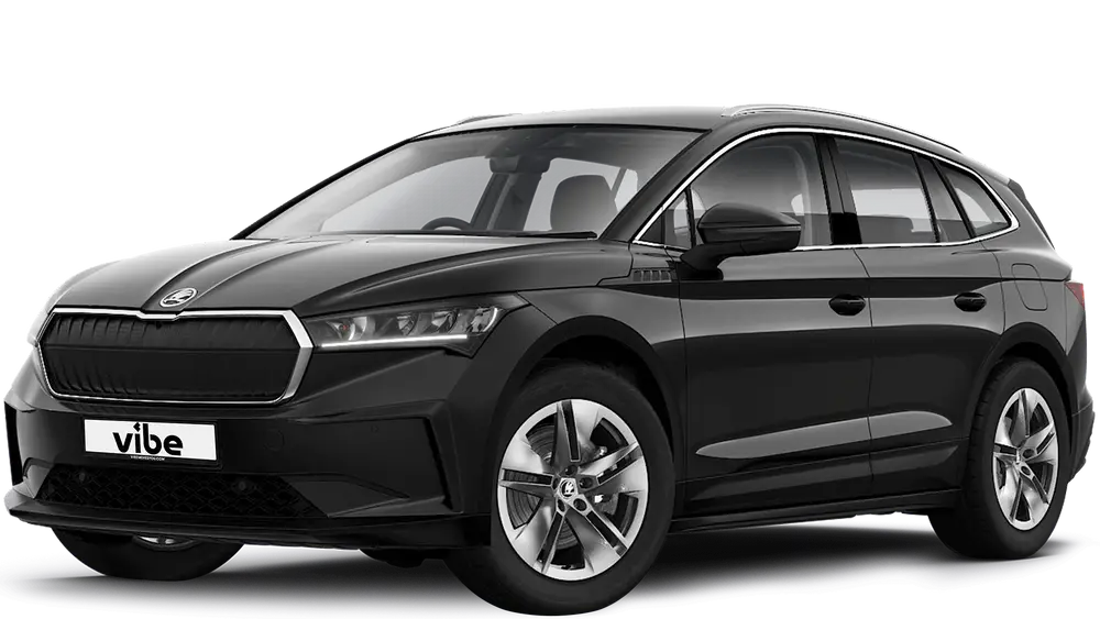 Schwarzer Skoda Enyaq iV 80 mit vibe Kennzeichen, freigestellt vor transparentem Hintergrund.