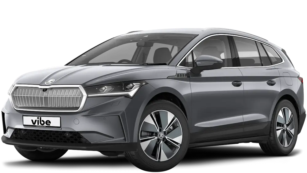 Skoda Enyaq iV 80 in Silber mit vibe Kennzeichen, freigestellt vor transparentem Hintergrund.