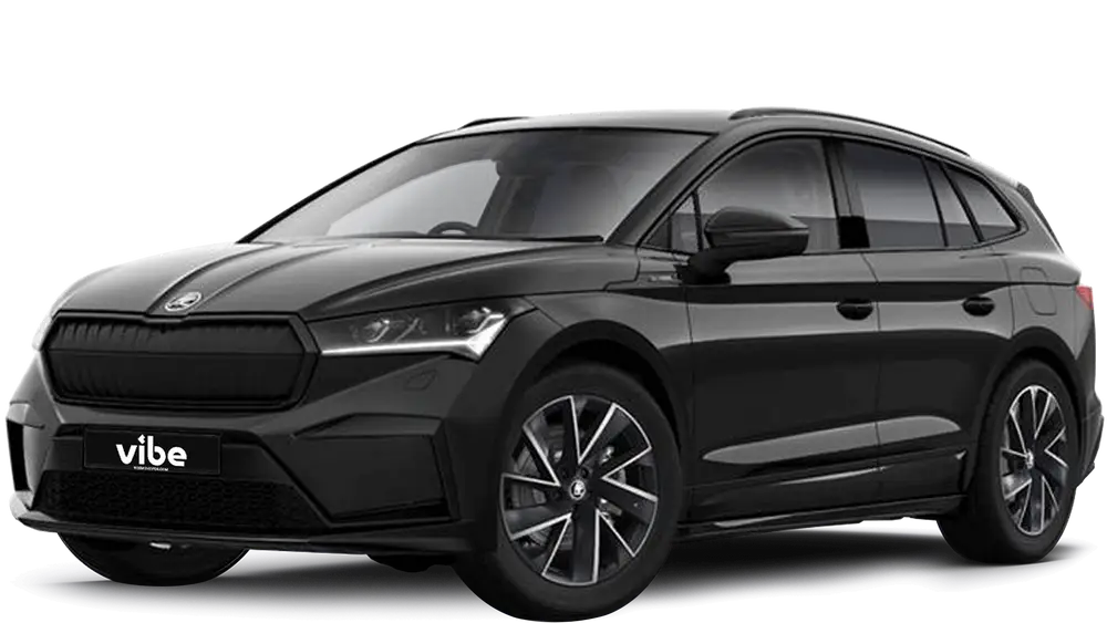 Schwarzer Skoda Enyaq iV 80x Sportline mit vibe Kennzeichen, freigestellt vor transparentem Hintergrund.