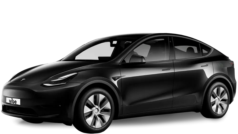 Weißer Tesla Model Y Solid Black mit vibe Kennzeichen, freigestellt vor transparentem Hintergrund.