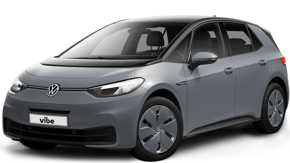 Grauer VW ID3 ProS mit vibe Kennzeichen, freigestellt vor transparentem Hintergrund.