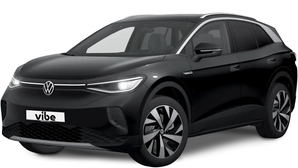 Schwarzer VW ID4 4Motion mit vibe Kennzeichen, freigestellt vor transparentem Hintergrund.
