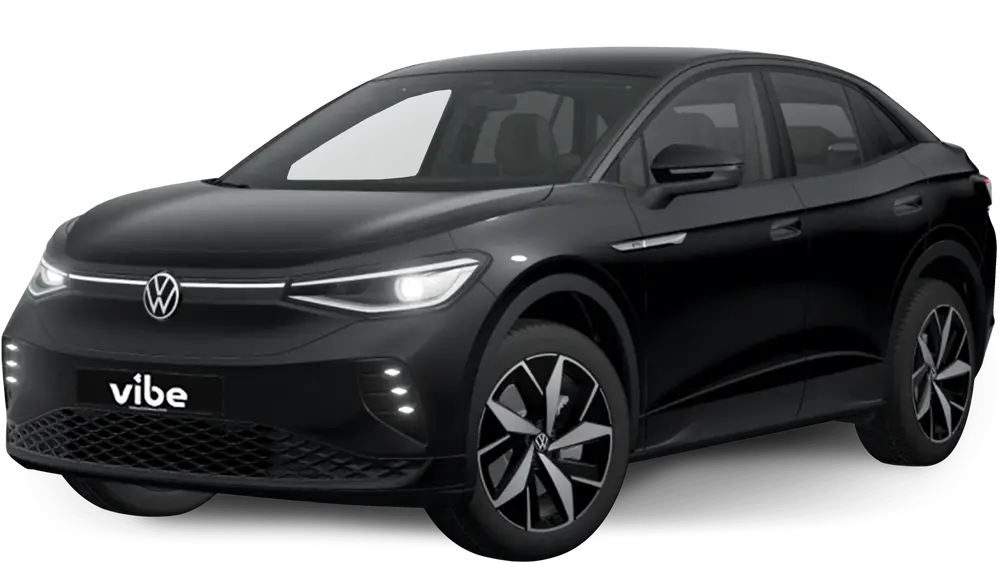 Schwarzer VW ID5 GTX mit vibe Kennzeichen, freigestellt vor transparentem Hintergrund.