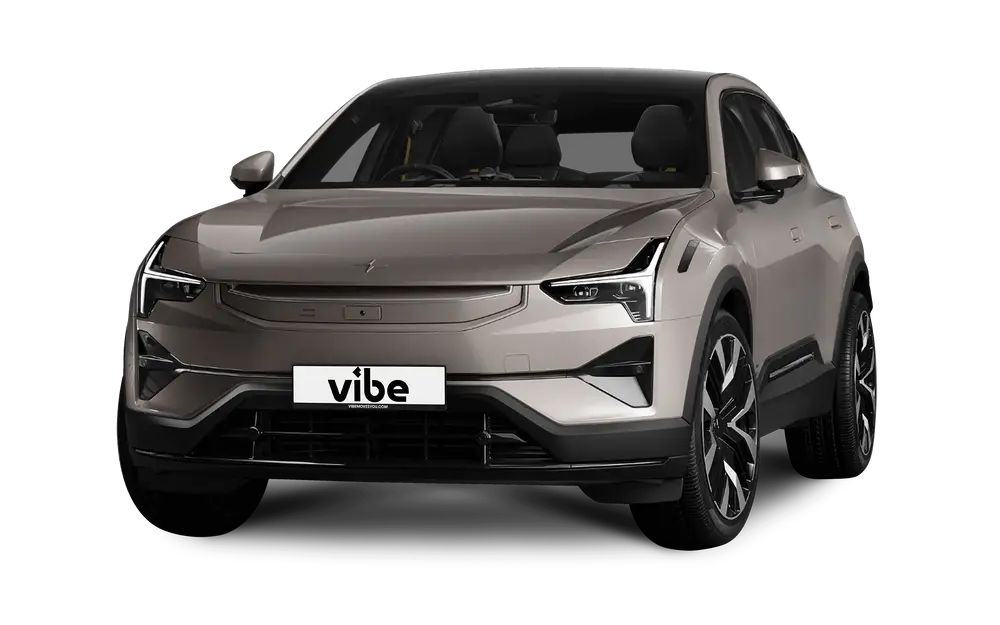 Polestar 3 E-Auto in Jupiter mit vibe Kennzeichen, freigestellt vor transparentem Hintergrund.