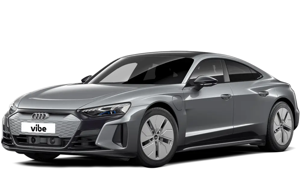 Audi e-tron GT E-Auto in Grau mit vibe Kennzeichen, freigestellt vor transparentem Hintergrund.