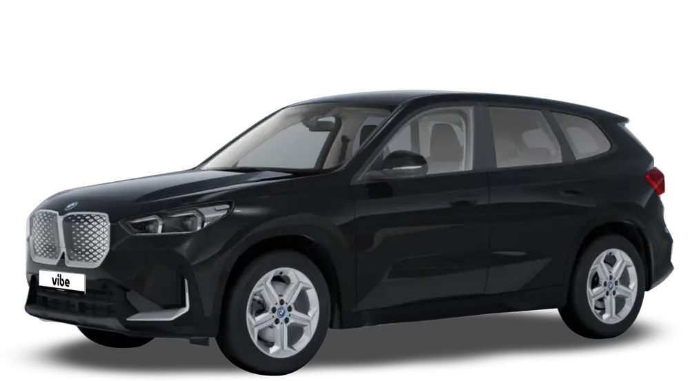 Schwarzer BMW iX2 mit vibe Kennzeichen, freigestellt vor transparentem Hintergrund.