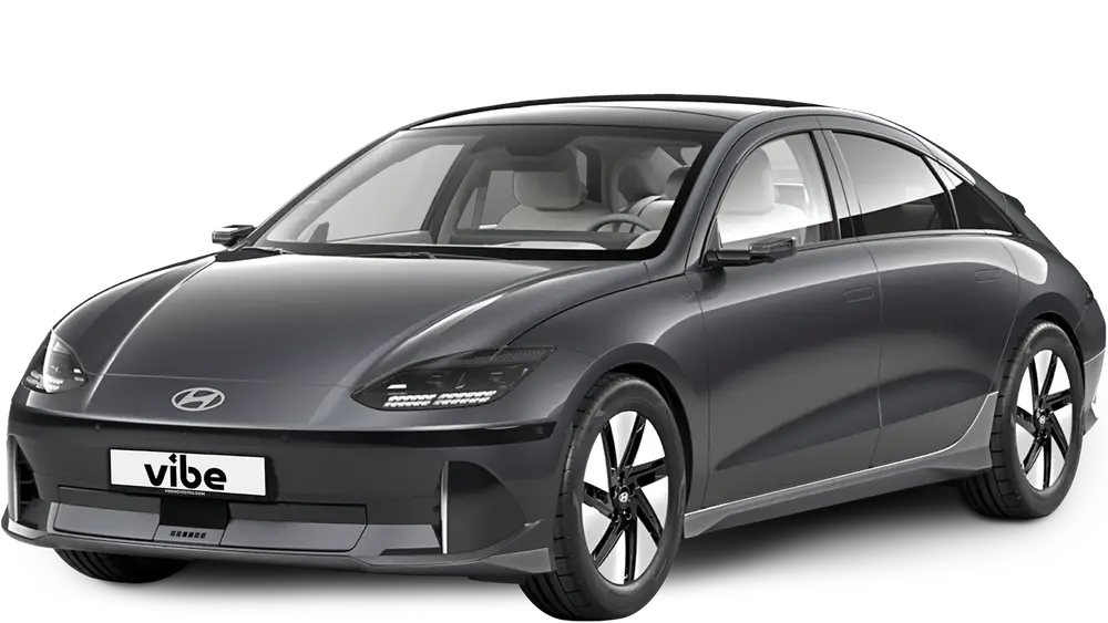 Grauer Hyundai IONIQ6 mit vibe Kennzeichen, freigestellt vor transparentem Hintergrund.