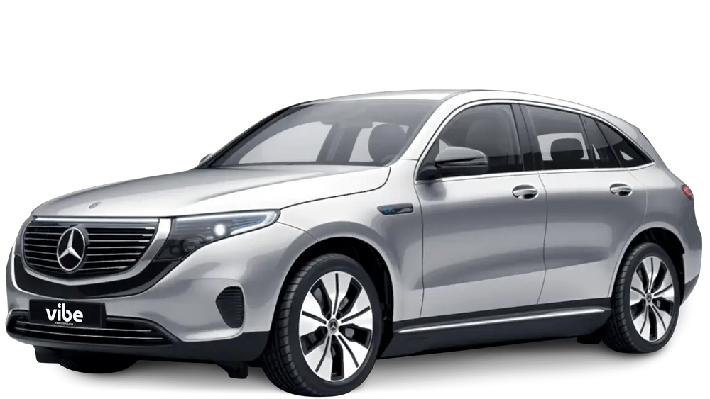 Mercedes-Benz EQC E-Auto in Hightech Silver mit vibe Kennzeichen, freigestellt vor transparentem Hintergrund.