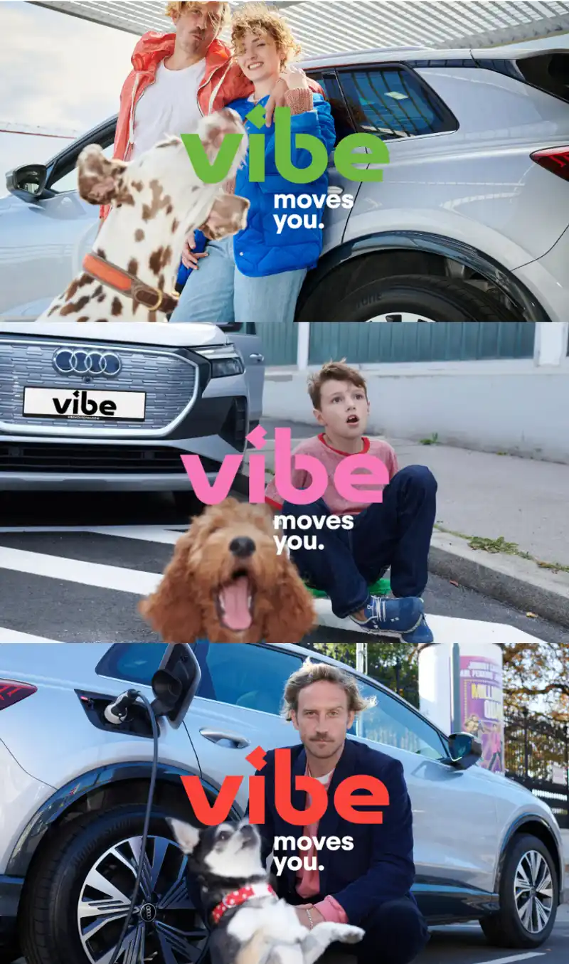 Collage aus drei vibe Motiven: Menschen mit Hund neben einem E-Auto, ein Kind mit Hund vor einem E-Auto und ein Mann mit Hund an einem ladenden E-Auto, jeweils mit dem Schriftzug „vibe moves you.“
