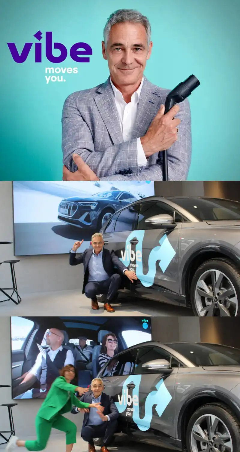 Collage mit Christian Clerici für vibe: Porträt mit Ladegerät sowie zwei Szenen, in denen er neben einem gebrandeten E-Auto posiert, einmal allein und einmal gemeinsam mit Katharina Wirth-Gorbach.